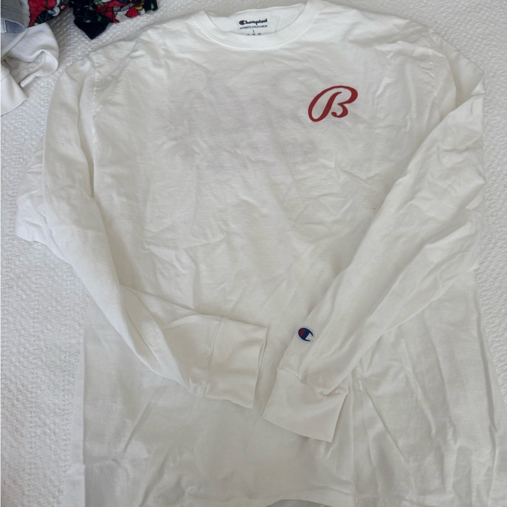 Champion White Long Sleeve Tee with Red Logo